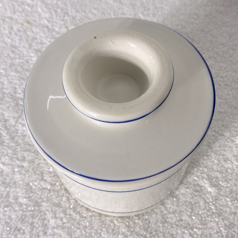 White Ceramic Butter Bell W Blue Line Accent - Picture 5 of 13